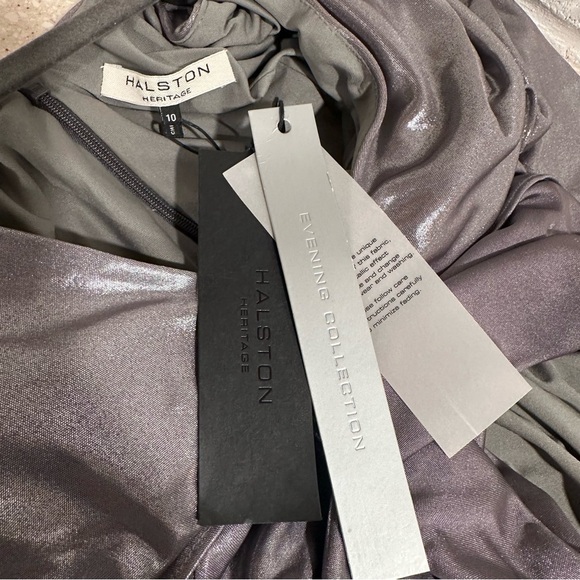 Halston Heritage Short Metallic Silver A-line Cape Sleeve V-Neck Dress Size10 NW - Picture 3 of 16